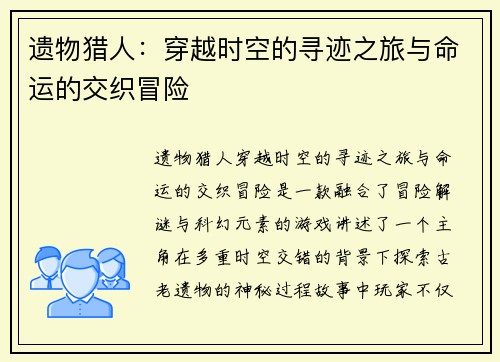 遗物猎人：穿越时空的寻迹之旅与命运的交织冒险