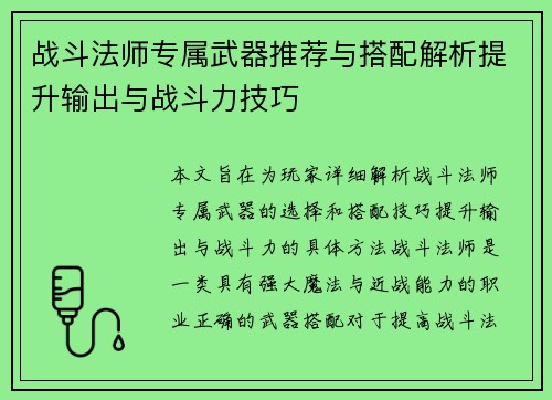 战斗法师专属武器推荐与搭配解析提升输出与战斗力技巧