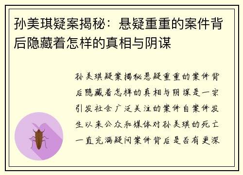 孙美琪疑案揭秘：悬疑重重的案件背后隐藏着怎样的真相与阴谋